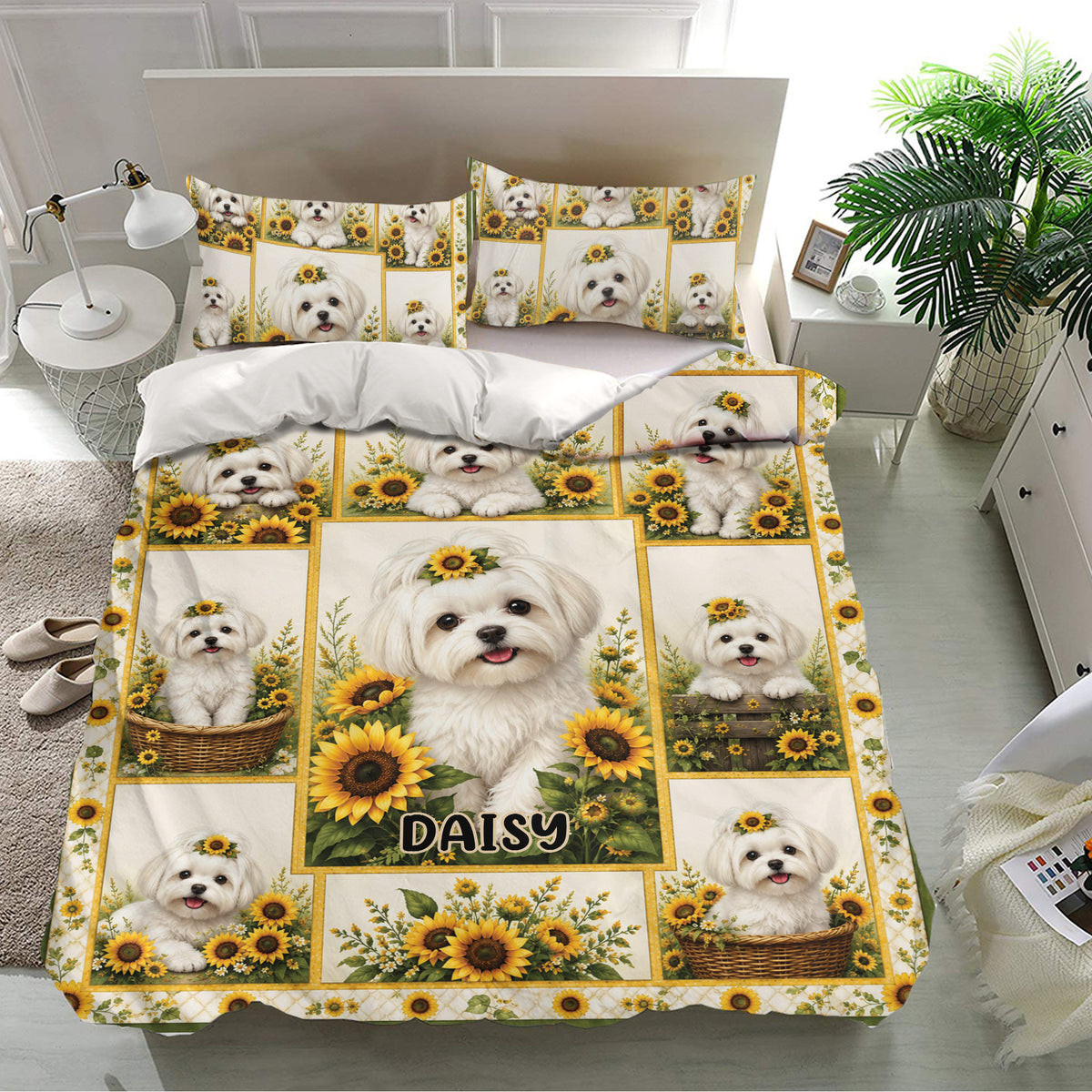 Maltese dog duvet cover and matching pillowcases displayed in a bright bedroom with sunflower artwork