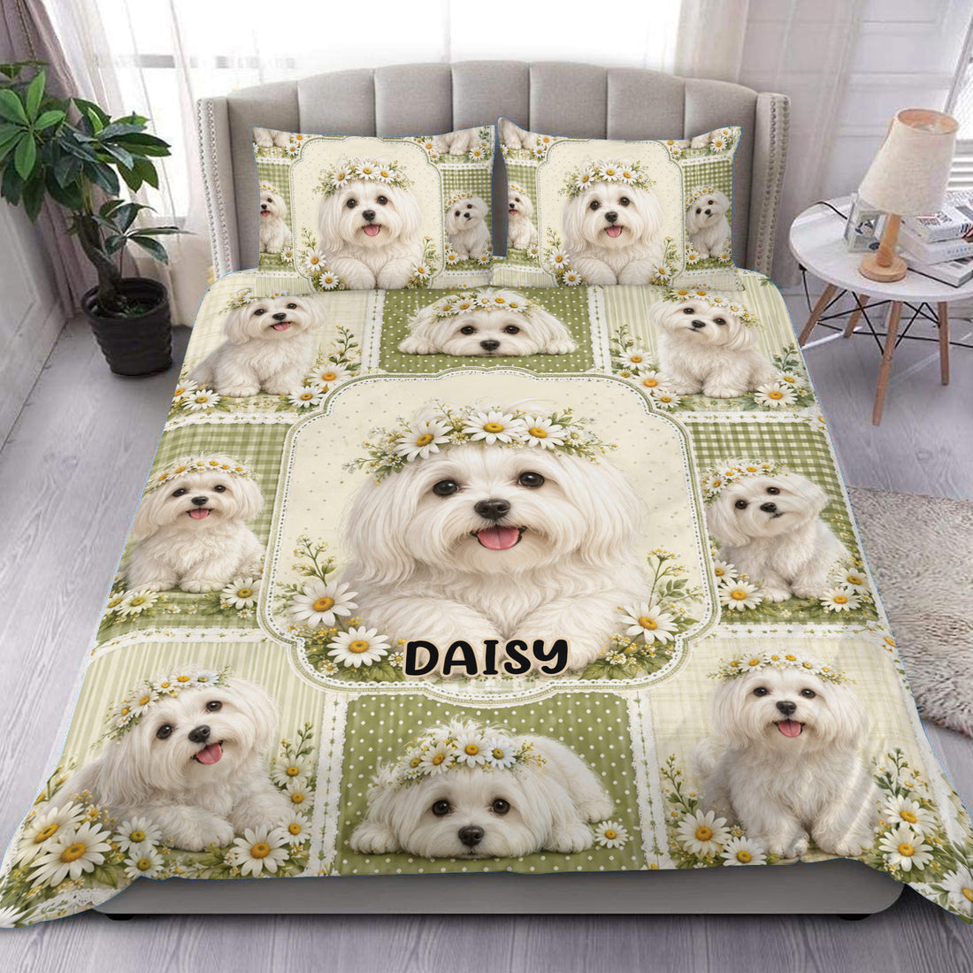 Maltese dog duvet cover set with daisy wreaths, green gingham accents, and cottage-style bedroom decor