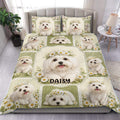 Maltese dog duvet cover set with daisy wreaths, green gingham accents, and cottage-style bedroom decor