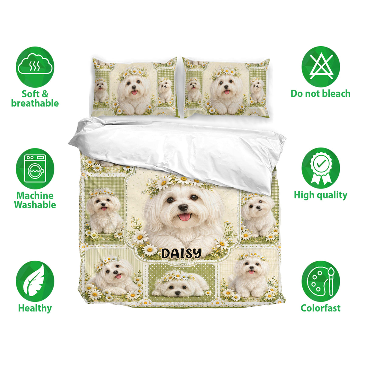 Maltese dog bedding set displayed with matching pillowcases, floral artwork, and soft breathable fabric features