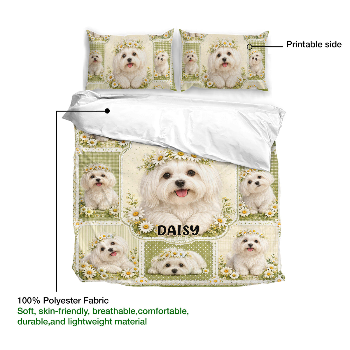 Maltese dog duvet cover with floral artwork, printable design, and soft lightweight polyester fabric detail