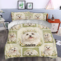 Maltese dog duvet cover bedding set styled in a bedroom with daisies and green cottage-inspired accents