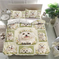 Maltese dog bedding set with matching pillowcases, daisy artwork, and a cheerful green bedroom decor theme