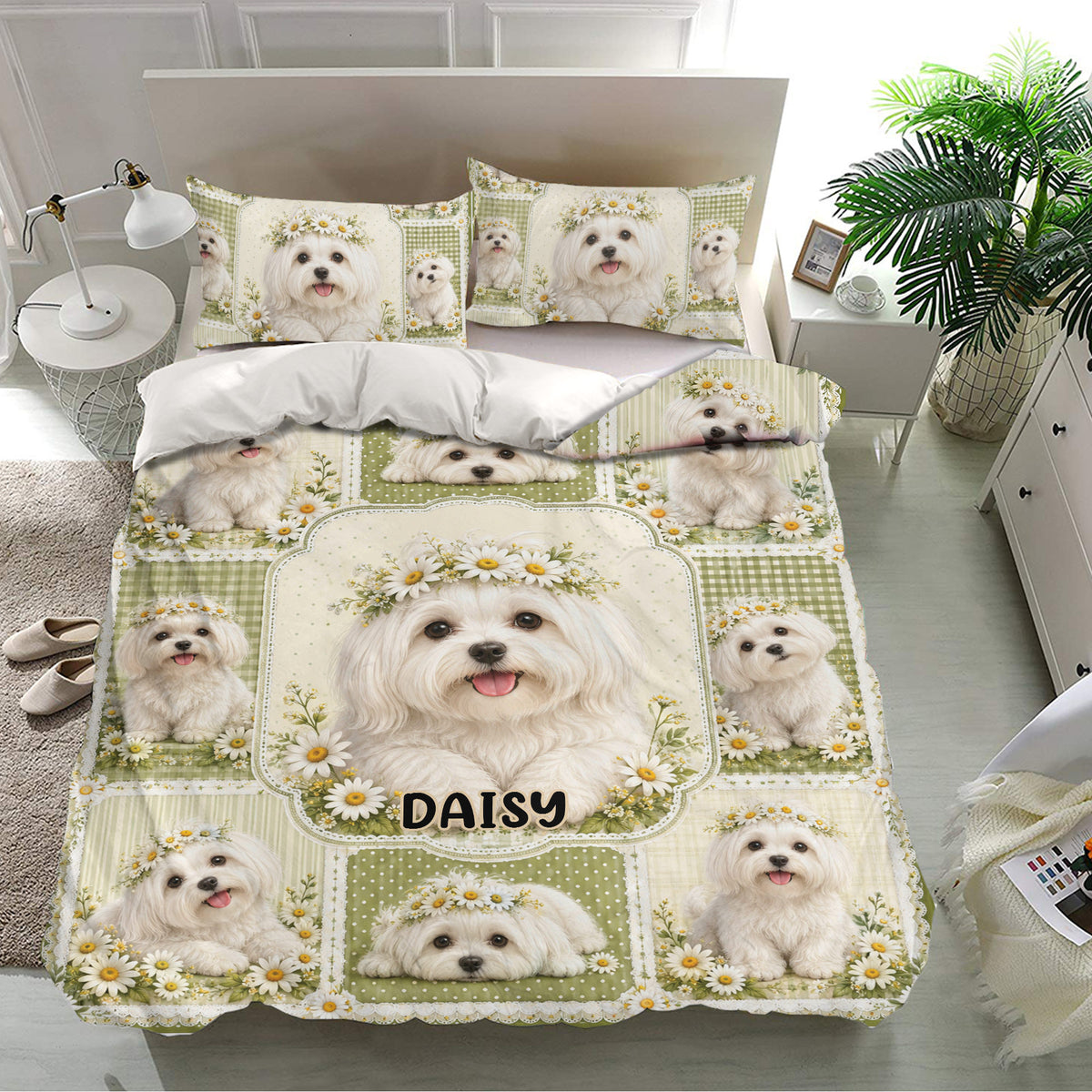Maltese dog bedding set with matching pillowcases, daisy artwork, and a cheerful green bedroom decor theme