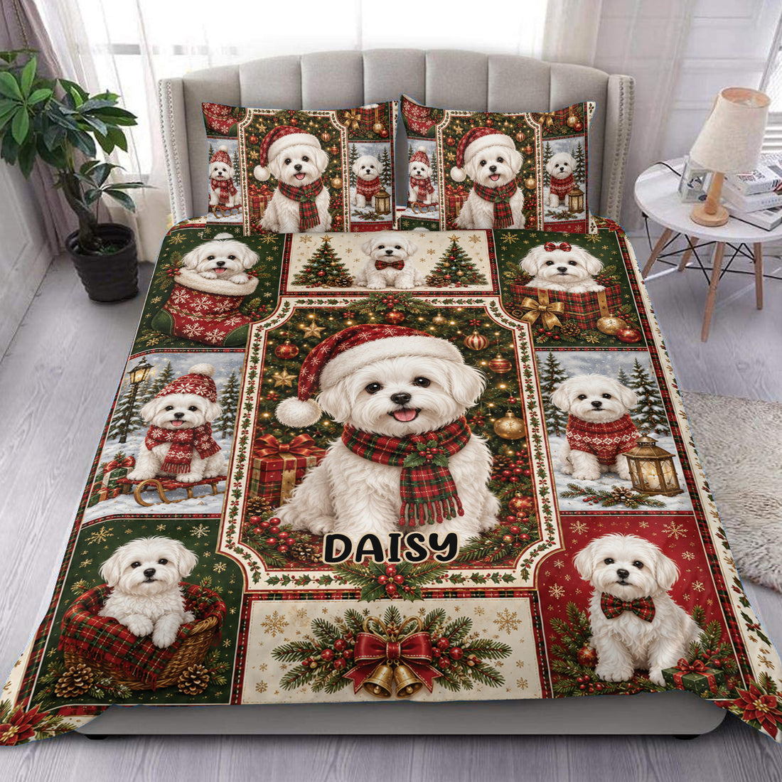 Maltese Christmas dog duvet cover bedding set styled on a bedroom bed