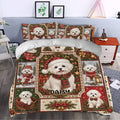 Festive Maltese dog duvet cover bedding set displayed in a decorated bedroom