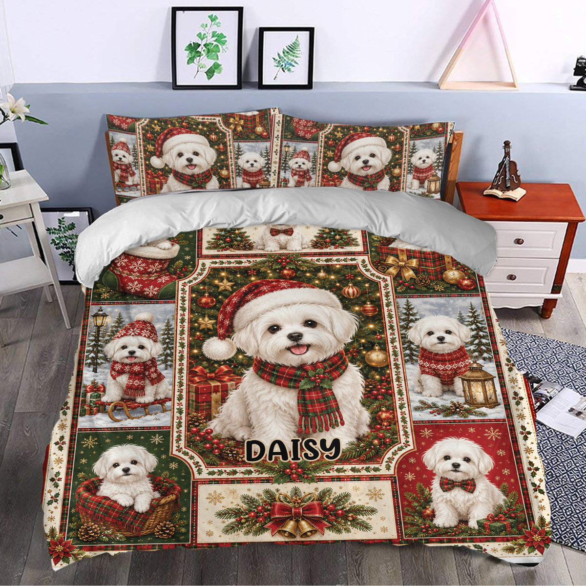 Festive Maltese dog duvet cover bedding set displayed in a decorated bedroom