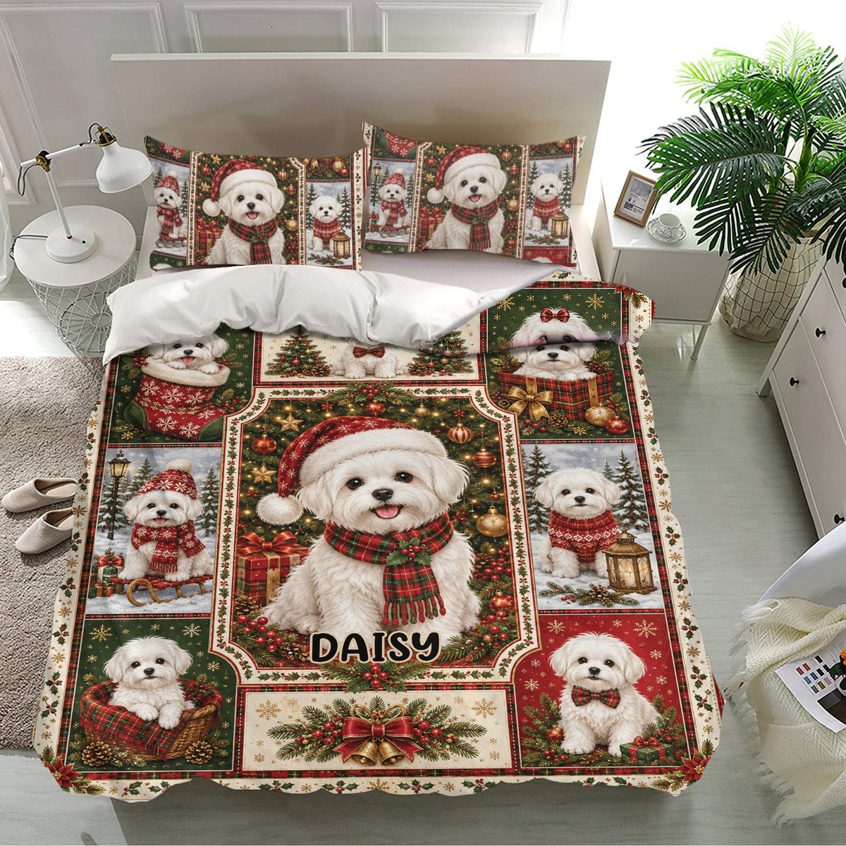 Maltese Christmas dog bedding set with holiday scenes, ornaments, gifts, and greenery