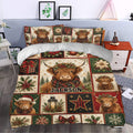 Festive Highland cow duvet cover styled in a bedroom with rustic Christmas bedroom decor
