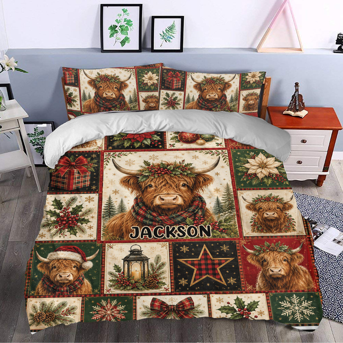 Festive Highland cow duvet cover styled in a bedroom with rustic Christmas bedroom decor