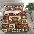 Highland cow bedding set displayed in a bright bedroom with red, green, and cream Christmas artwork