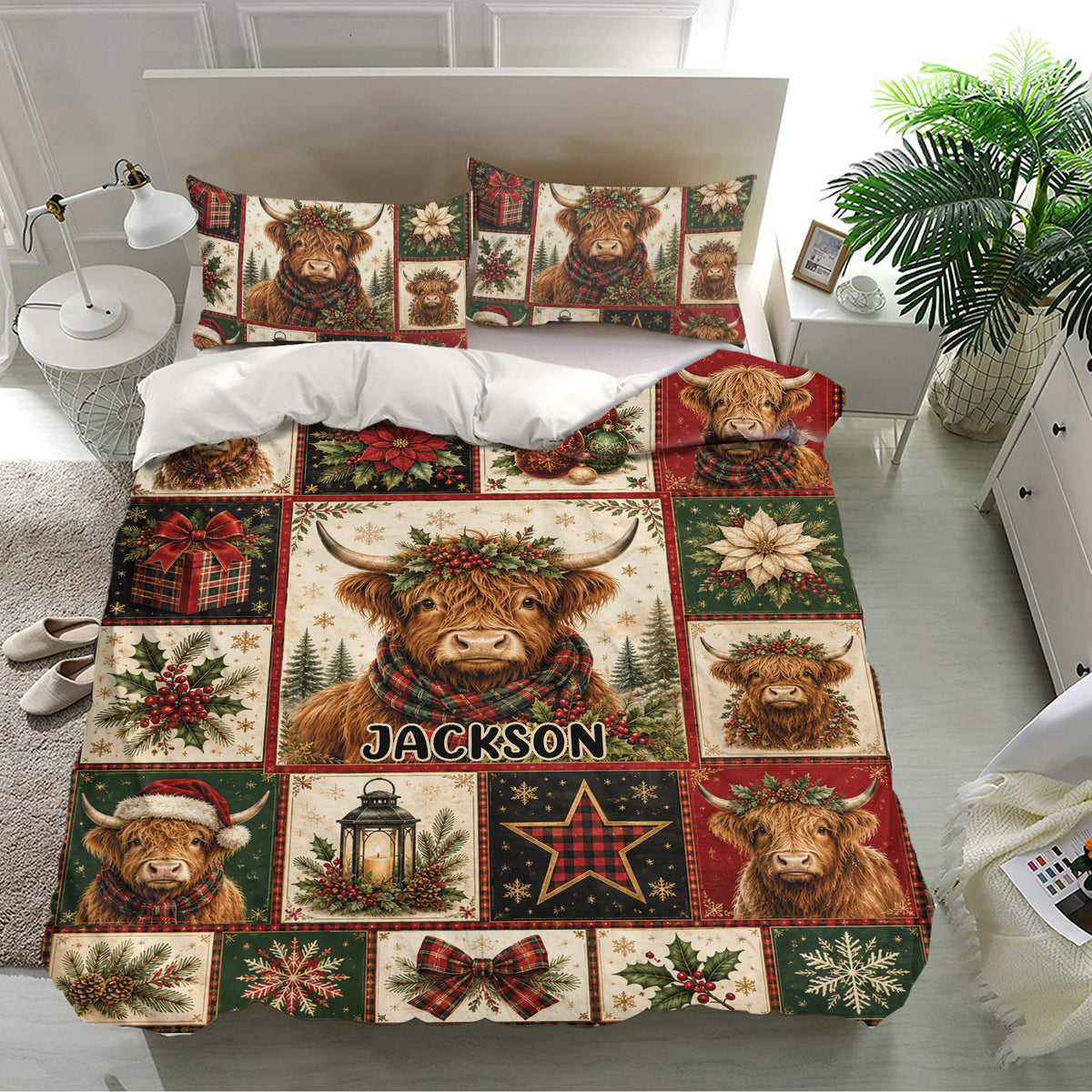 Highland cow bedding set displayed in a bright bedroom with red, green, and cream Christmas artwork