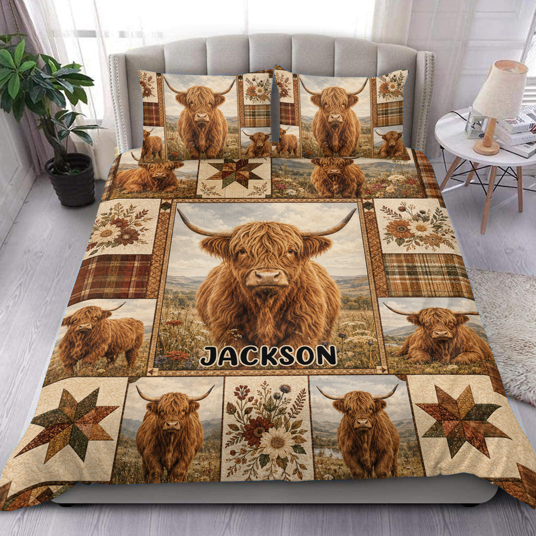 Highland cow duvet cover set displayed on a bed with plaid borders, wildflowers, and rustic farmhouse artwork