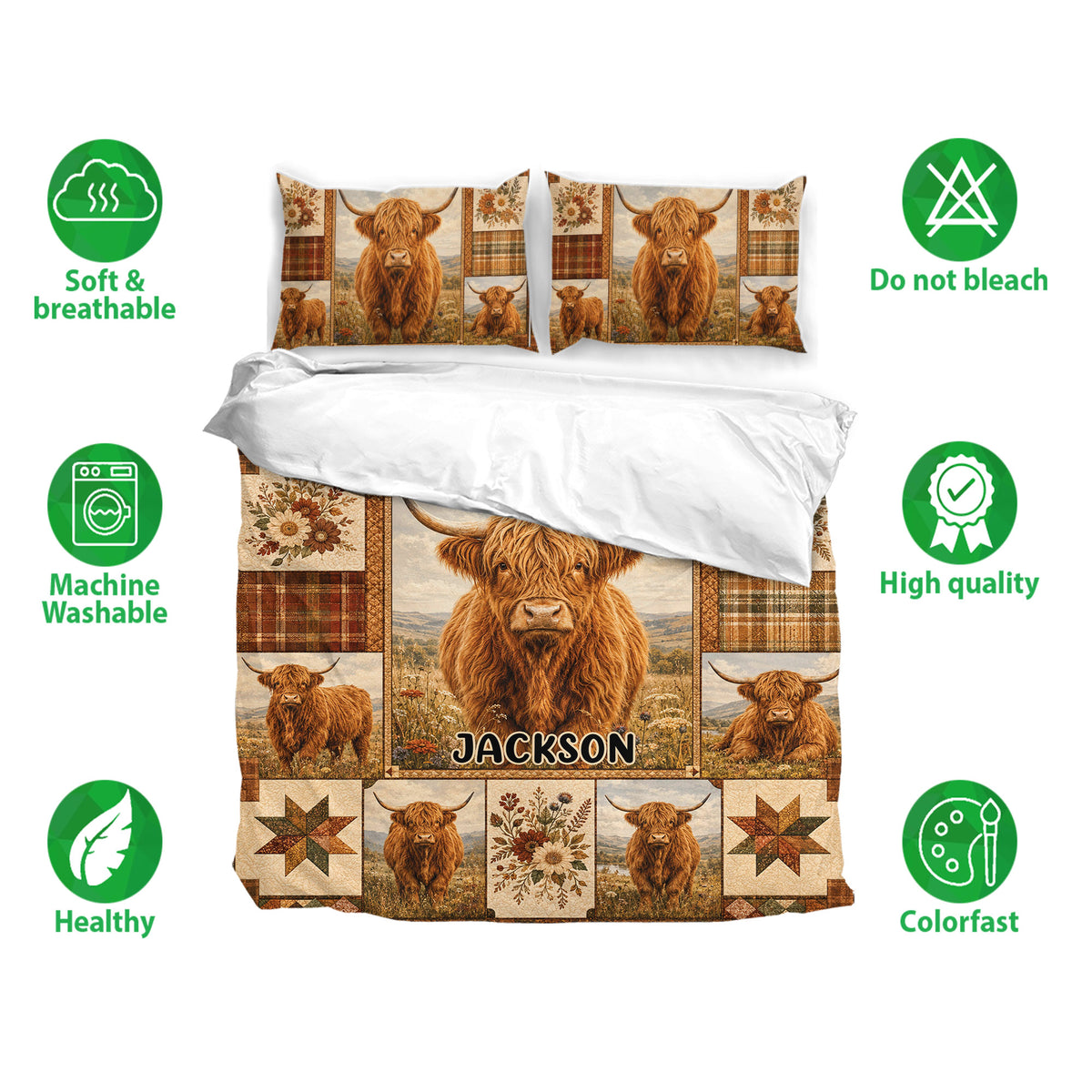 Highland cow bedding set shown with matching pillowcases, breathable fabric icons, and colorful rustic artwork