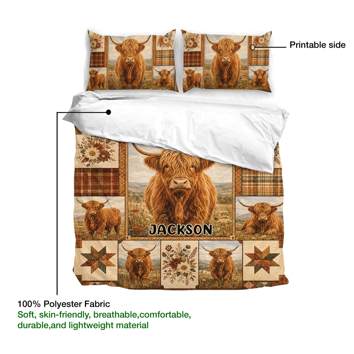Highland cow duvet cover set with printed artwork, matching pillowcases, and a large scenic cow design