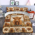 Highland cow bedding styled in a bedroom with farmhouse decor, plaid accents, wildflowers, and earthy tones