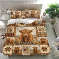 Rustic Highland cow duvet cover set presented in a bright bedroom with matching pillows and floral plaid details