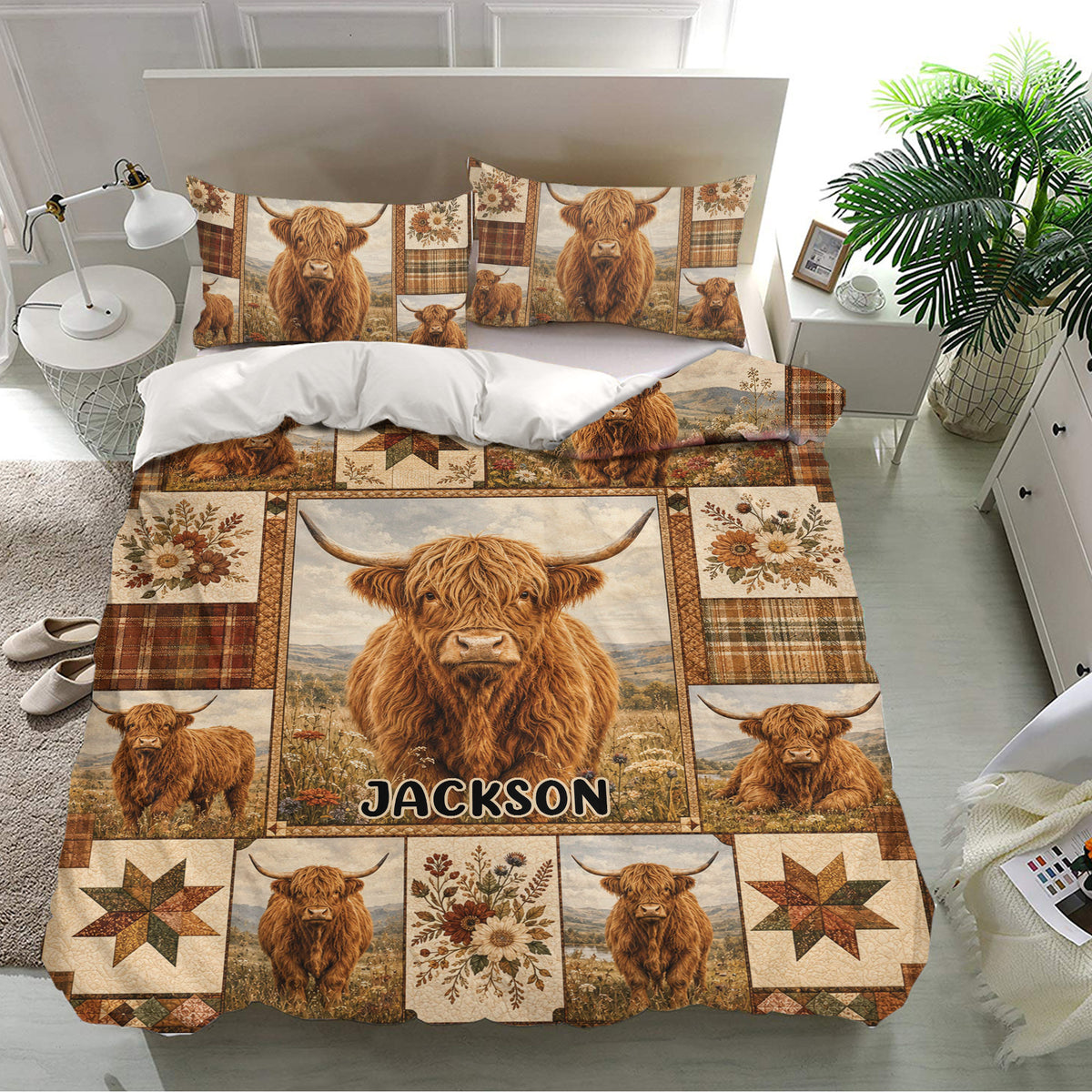 Rustic Highland cow duvet cover set presented in a bright bedroom with matching pillows and floral plaid details