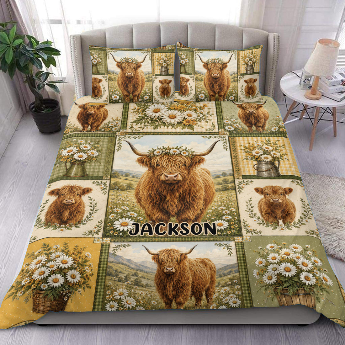 Highland cow duvet cover set displayed on a bed with daisies, farm scenes, plaid panels, and matching pillowcases