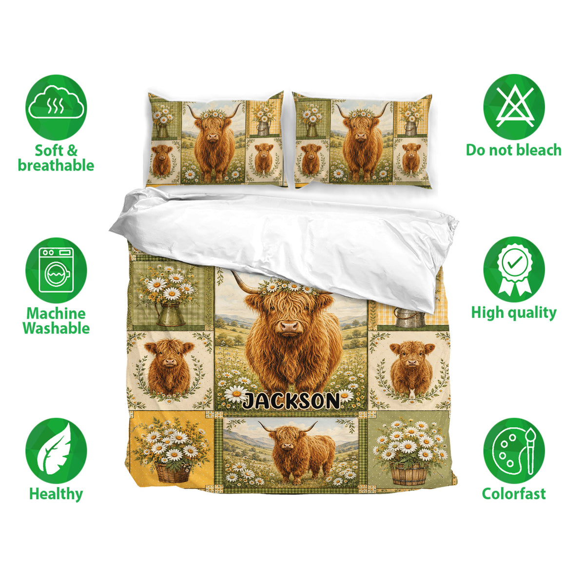 Highland cow duvet cover set shown with matching pillowcases and soft, breathable bedding feature icons