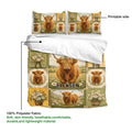 Highland cow duvet cover set product detail showing the printed side, white reverse, and polyester fabric callout