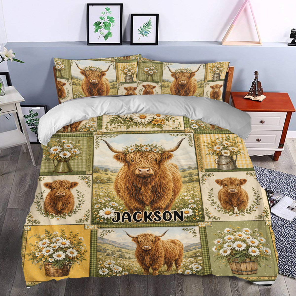 Highland cow duvet cover set styled in a bedroom with floral artwork, rustic panels, and matching pillowcases