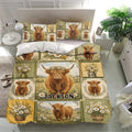 Highland cow duvet cover set presented in a bright bedroom with floral country artwork and coordinating pillowcases