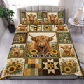 Highland cow duvet cover set with sunflower patchwork artwork in a rustic bedroom