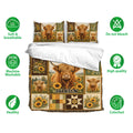 Highland cow bedding set displayed with matching pillowcases and sunflower artwork