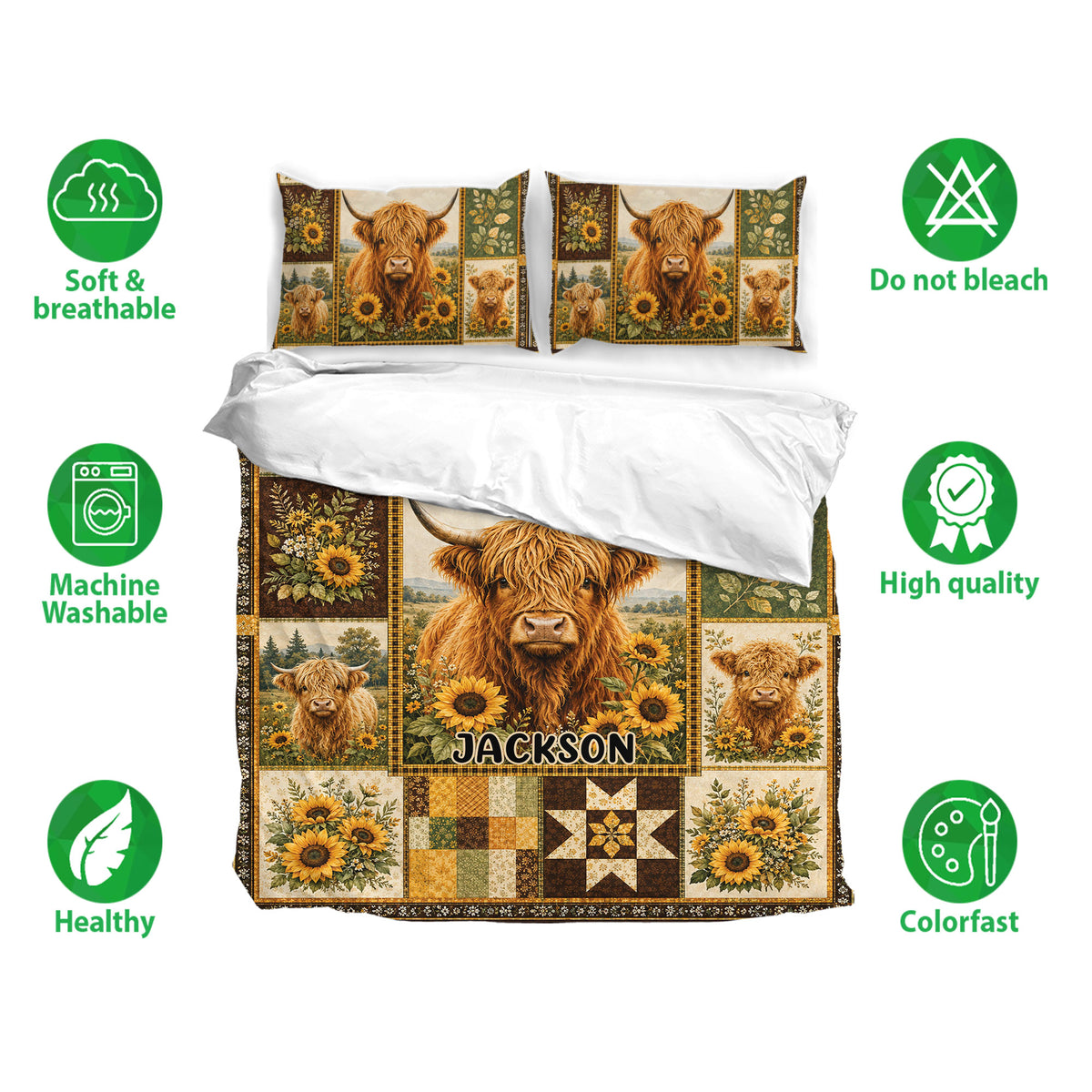 Highland cow bedding set displayed with matching pillowcases and sunflower artwork