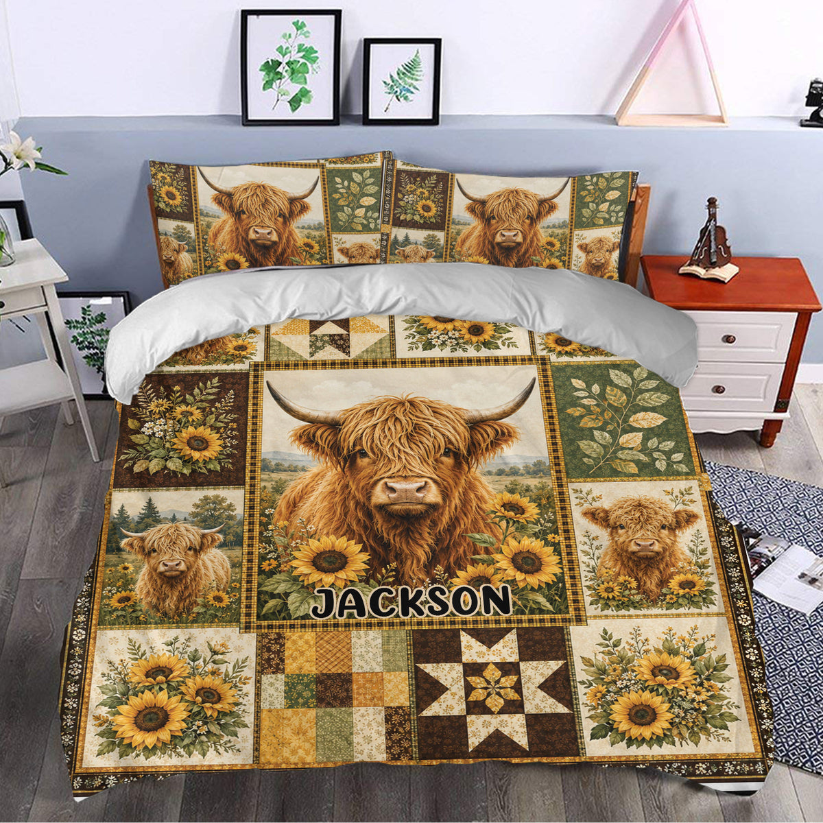 Highland cow bedding with sunflower patchwork design styled in a cozy bedroom