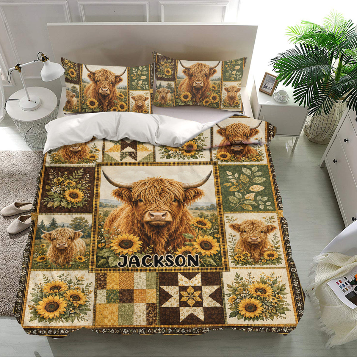Rustic Highland cow duvet cover set with floral panels and matching pillowcases