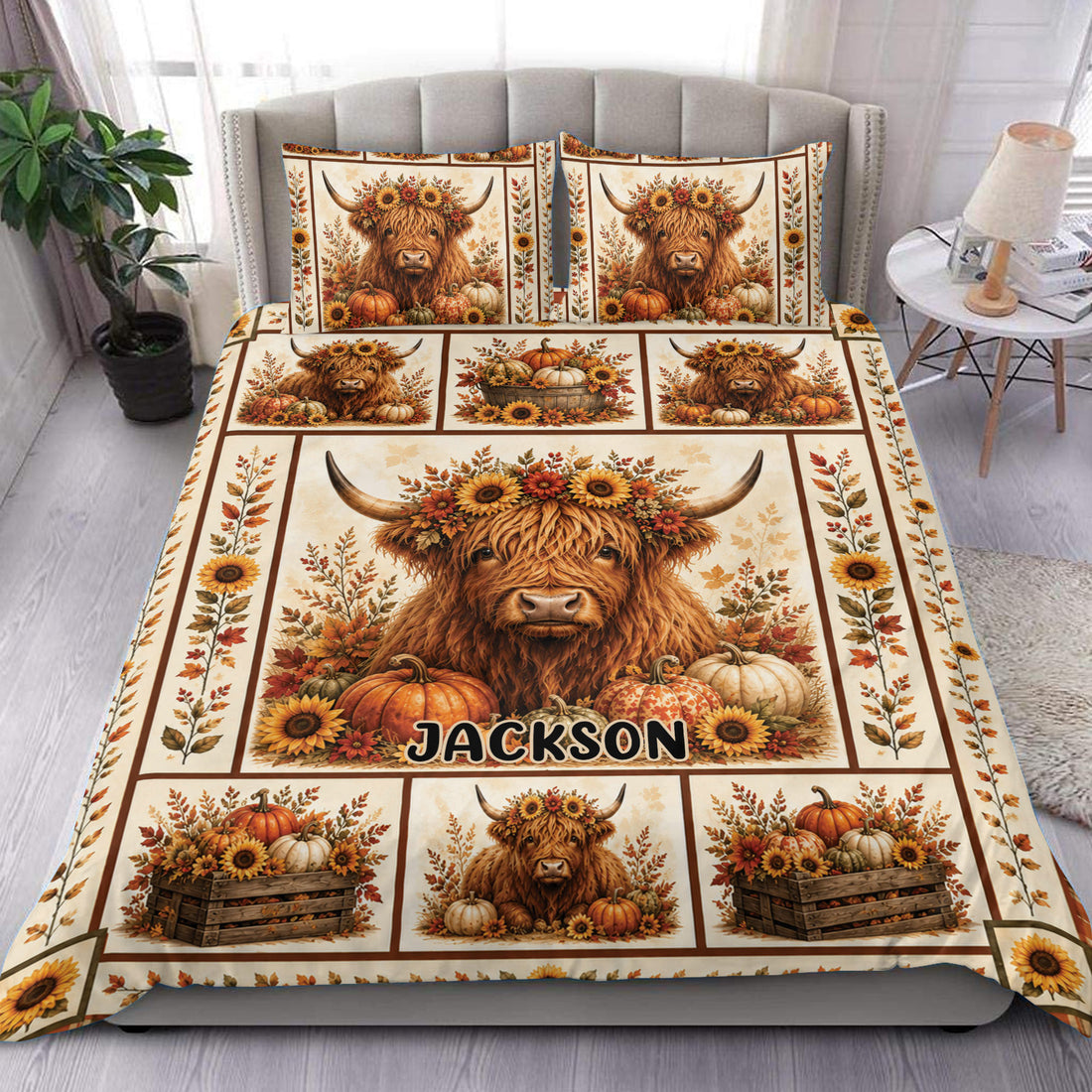 Highland cow duvet cover set displayed on a bed with sunflowers, pumpkins, and autumn foliage in a warm farmhouse bedroom