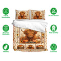 Highland cow bedding set shown with matching pillowcases and autumn floral artwork in a bright bedroom display