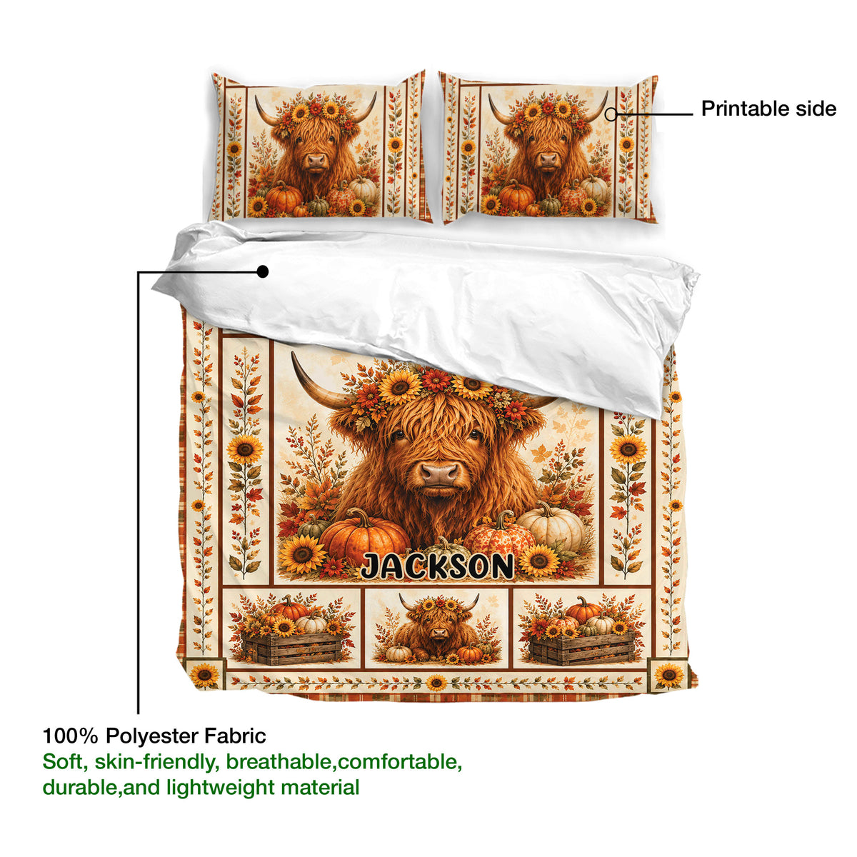 Highland cow duvet cover set with printable artwork and 100% polyester fabric feature guide
