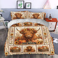 Highland cow duvet cover styled in a bedroom with autumn florals, pumpkins, and rustic farmhouse decor