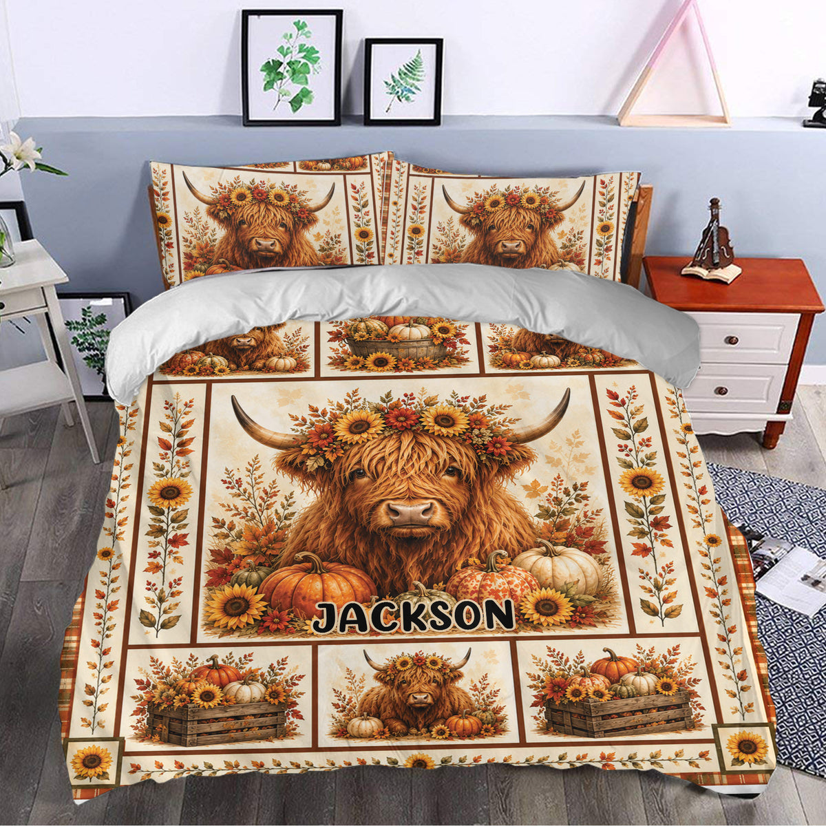 Highland cow duvet cover styled in a bedroom with autumn florals, pumpkins, and rustic farmhouse decor
