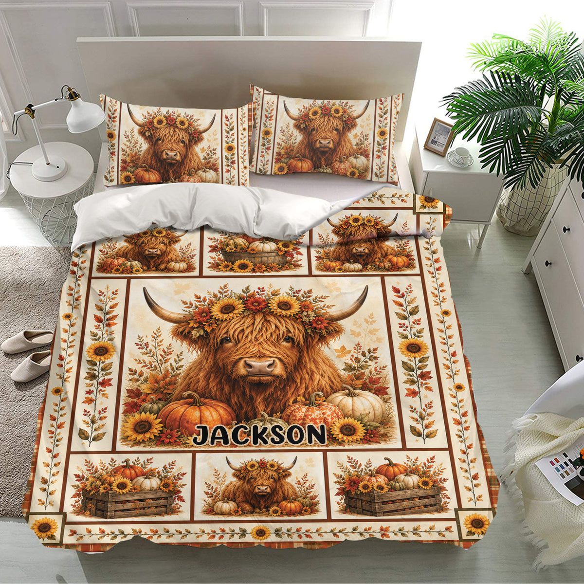 Highland cow bedding set in a bright bedroom featuring sunflowers, pumpkins, and warm autumn artwork