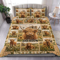 Highland cow duvet cover set displayed on a bed with sunflowers, farmhouse scenes, and rustic patchwork borders