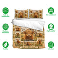 Highland cow bedding set with matching pillowcases, pastoral farm artwork, sunflowers, and warm rustic colors
