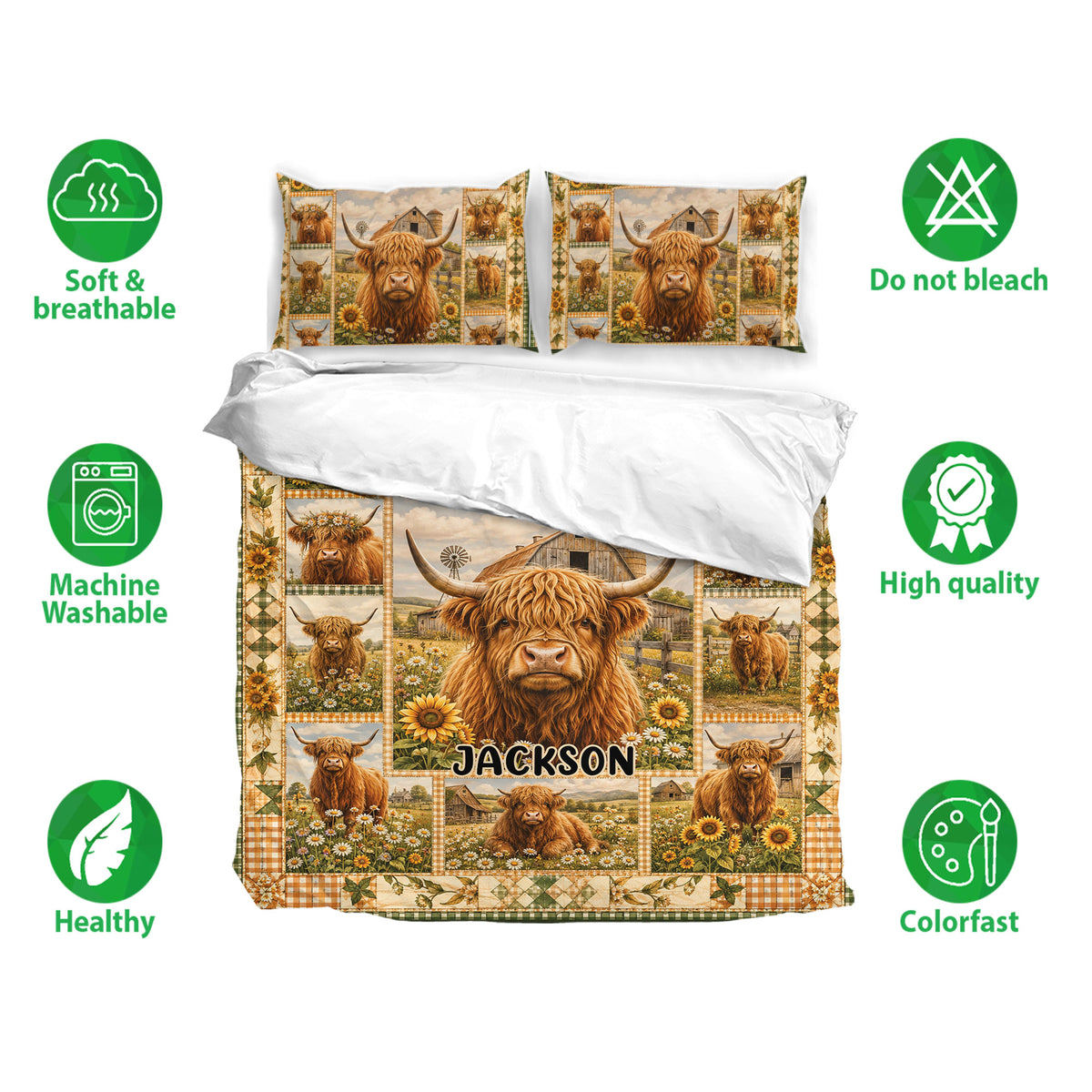 Highland cow bedding set with matching pillowcases, pastoral farm artwork, sunflowers, and warm rustic colors