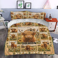 Highland cow bedding styled in a bedroom with pastoral scenes, sunflowers, barn details, and rustic farmhouse decor