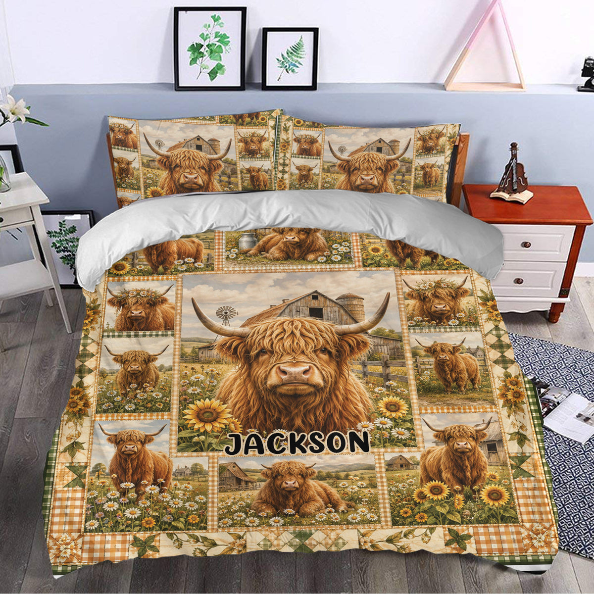 Highland cow bedding styled in a bedroom with pastoral scenes, sunflowers, barn details, and rustic farmhouse decor