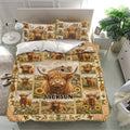 Rustic Highland cow duvet cover set displayed in a bright bedroom with matching pillows and sunflower artwork