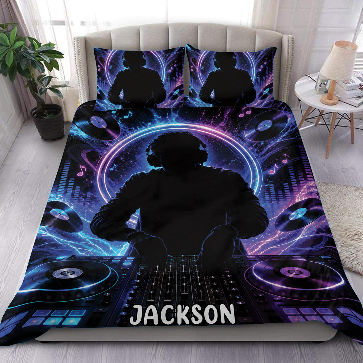 DJ duvet cover set with neon blue and purple turntables, headphones, music notes, and mixing console artwork