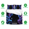 DJ bedding set displayed with vibrant turntable artwork, matching pillowcases, and soft breathable fabric callouts