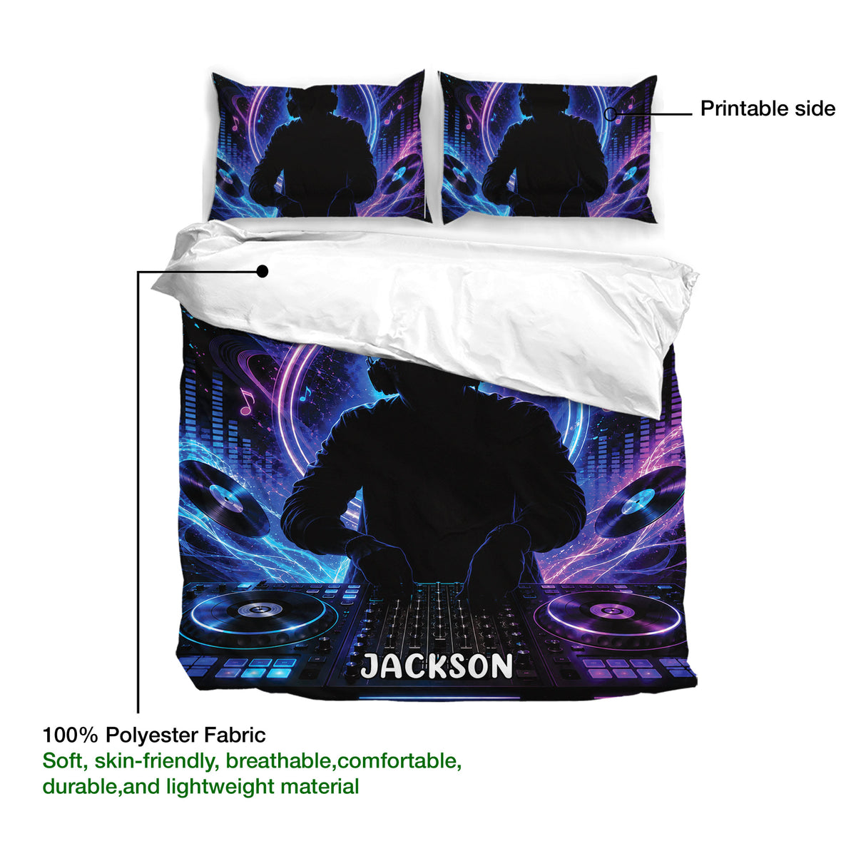 DJ duvet cover bedding set detail showing the printed side and vivid nightclub-inspired turntable design