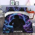 DJ duvet cover set styled in a bedroom with neon music artwork, turntables, headphones, and a mixing console