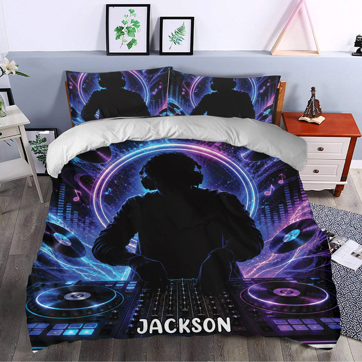 DJ duvet cover set styled in a bedroom with neon music artwork, turntables, headphones, and a mixing console