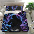 Colorful DJ bedding set displayed on a modern bed with glowing blue and purple music-themed artwork